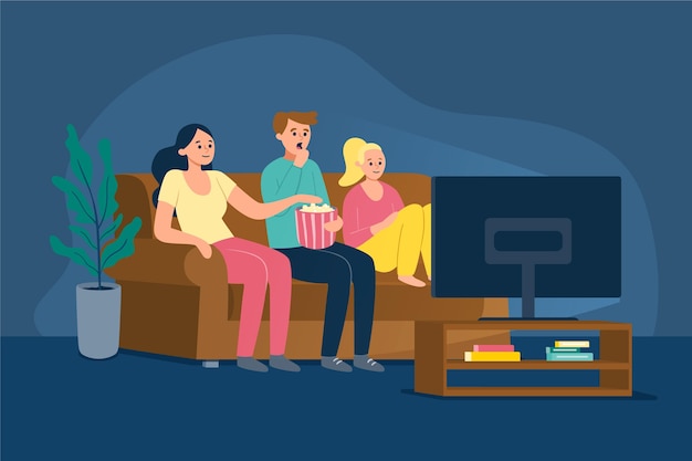 Family watching movies at home with reliable IPTV service