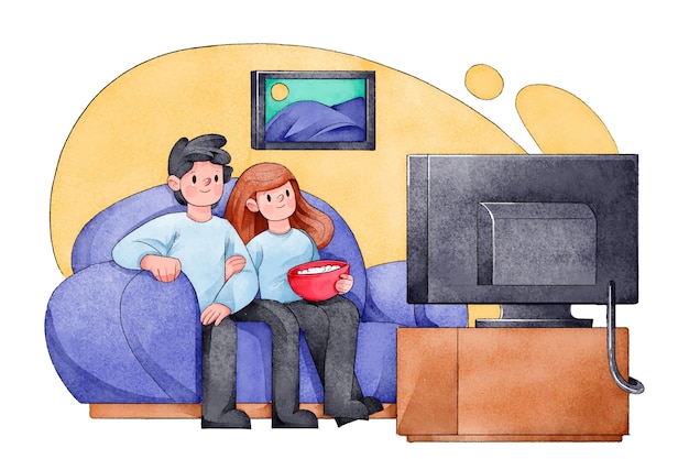 Family watching movie together at home on television